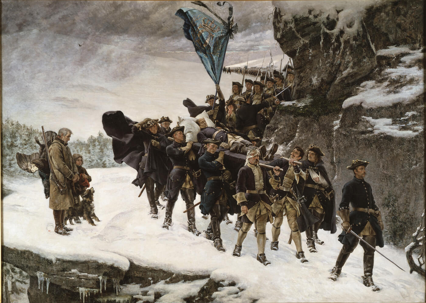 En grupp soldater bär hem kung Karl XII:s kropp genom snön, omgiven av kalla vinterfärger och dramatiska vyer.